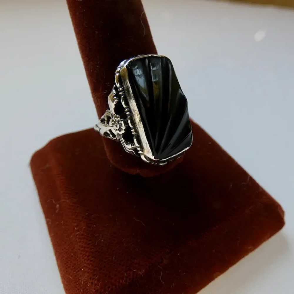 Art Deco Carved Onyx Sterling Silver Ring - image 4