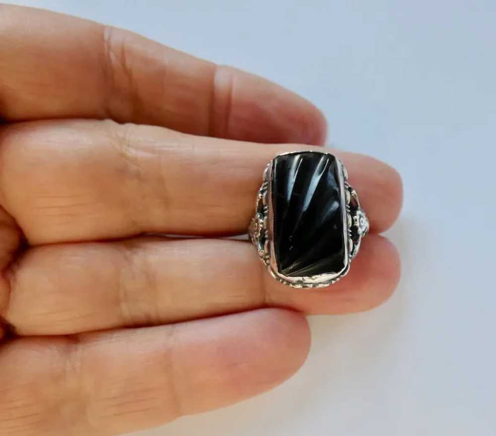 Art Deco Carved Onyx Sterling Silver Ring - image 6