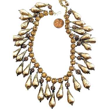 Vintage Golden Faux Pearl Tear Drop Bib Necklace … - image 1