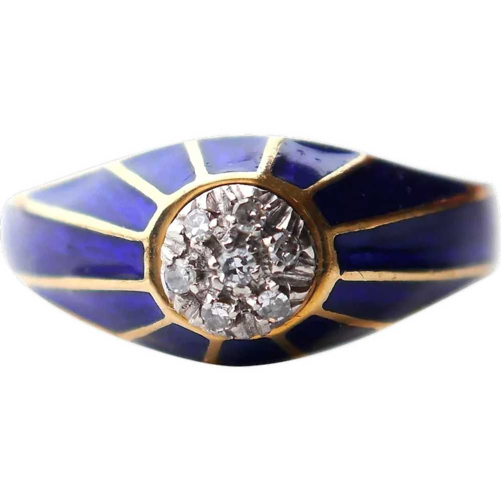 Antique Ring Diamonds Blue Enamel  solid 18k Gold… - image 1