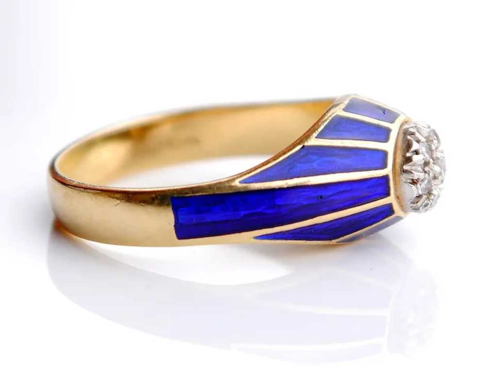 Antique Ring Diamonds Blue Enamel  solid 18k Gold… - image 2