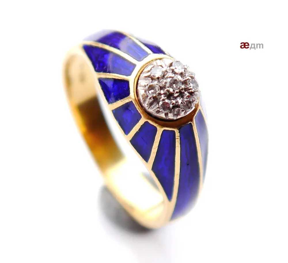 Antique Ring Diamonds Blue Enamel  solid 18k Gold… - image 5