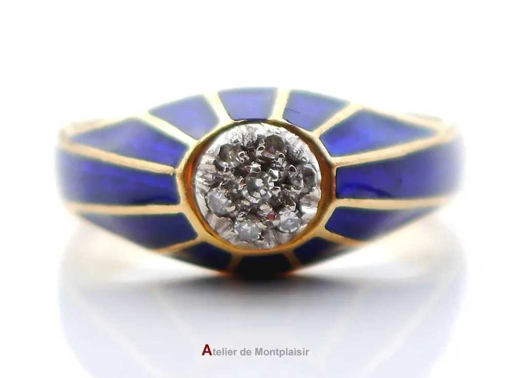 Antique Ring Diamonds Blue Enamel  solid 18k Gold… - image 6