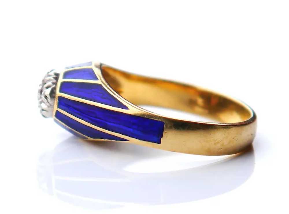 Antique Ring Diamonds Blue Enamel  solid 18k Gold… - image 7