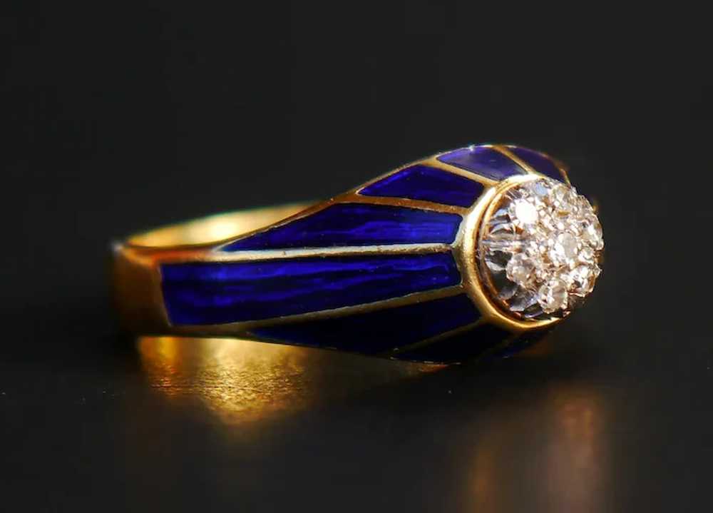 Antique Ring Diamonds Blue Enamel  solid 18k Gold… - image 8