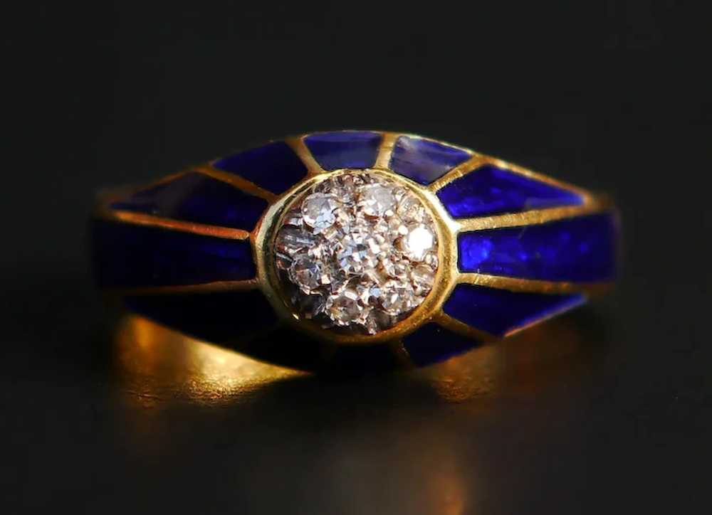 Antique Ring Diamonds Blue Enamel  solid 18k Gold… - image 9