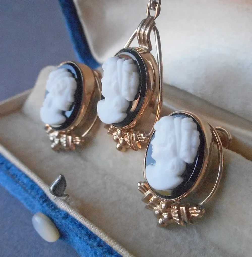 Van Dell Gold Filled Glass Cameo Earrings Drop Ne… - image 3