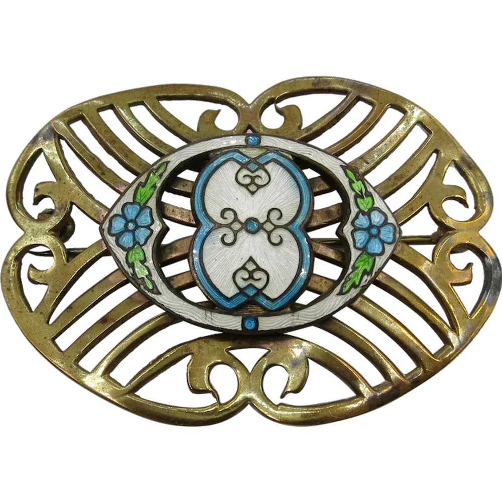VINTAGE Brass Brooch with Guilloche  Enamel - image 1