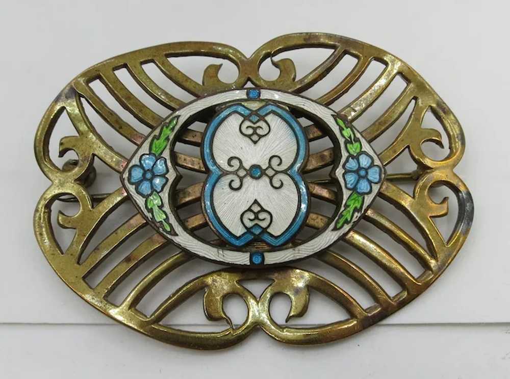 VINTAGE Brass Brooch with Guilloche  Enamel - image 2