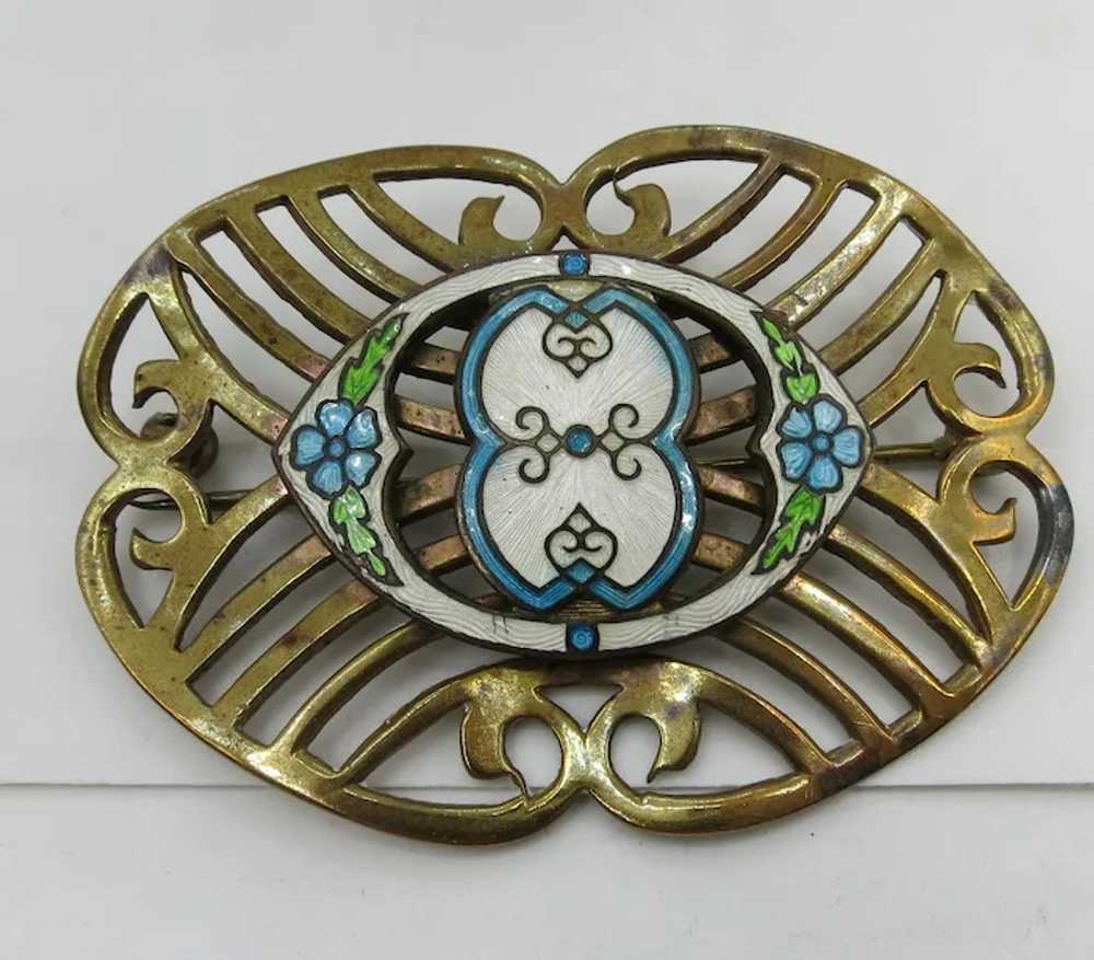 VINTAGE Brass Brooch with Guilloche  Enamel - image 3