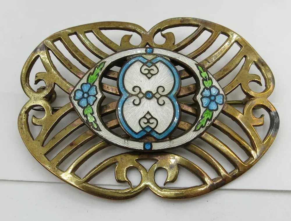 VINTAGE Brass Brooch with Guilloche  Enamel - image 7
