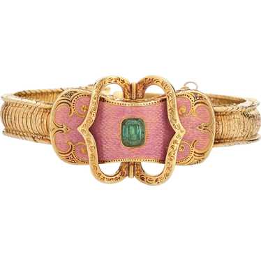 Antique Victorian Bracelet Pink Enamel Emerald 18… - image 1