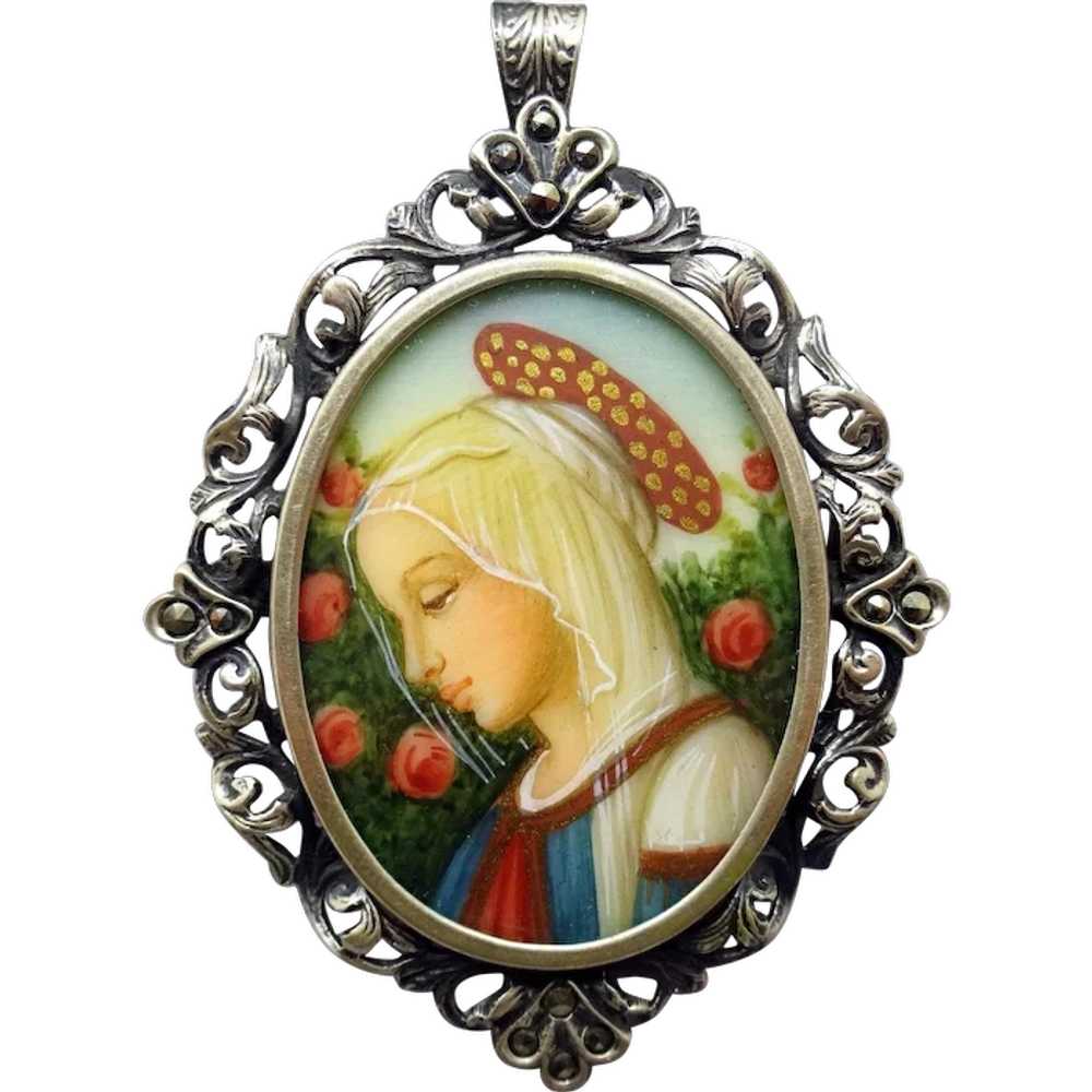 .800 Silver Hand Painted Portrait Pin / Pendant - image 1