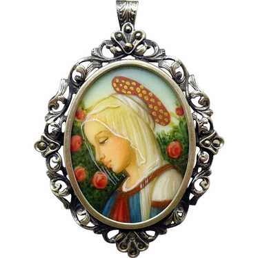 .800 Silver Hand Painted Portrait Pin / Pendant - image 1