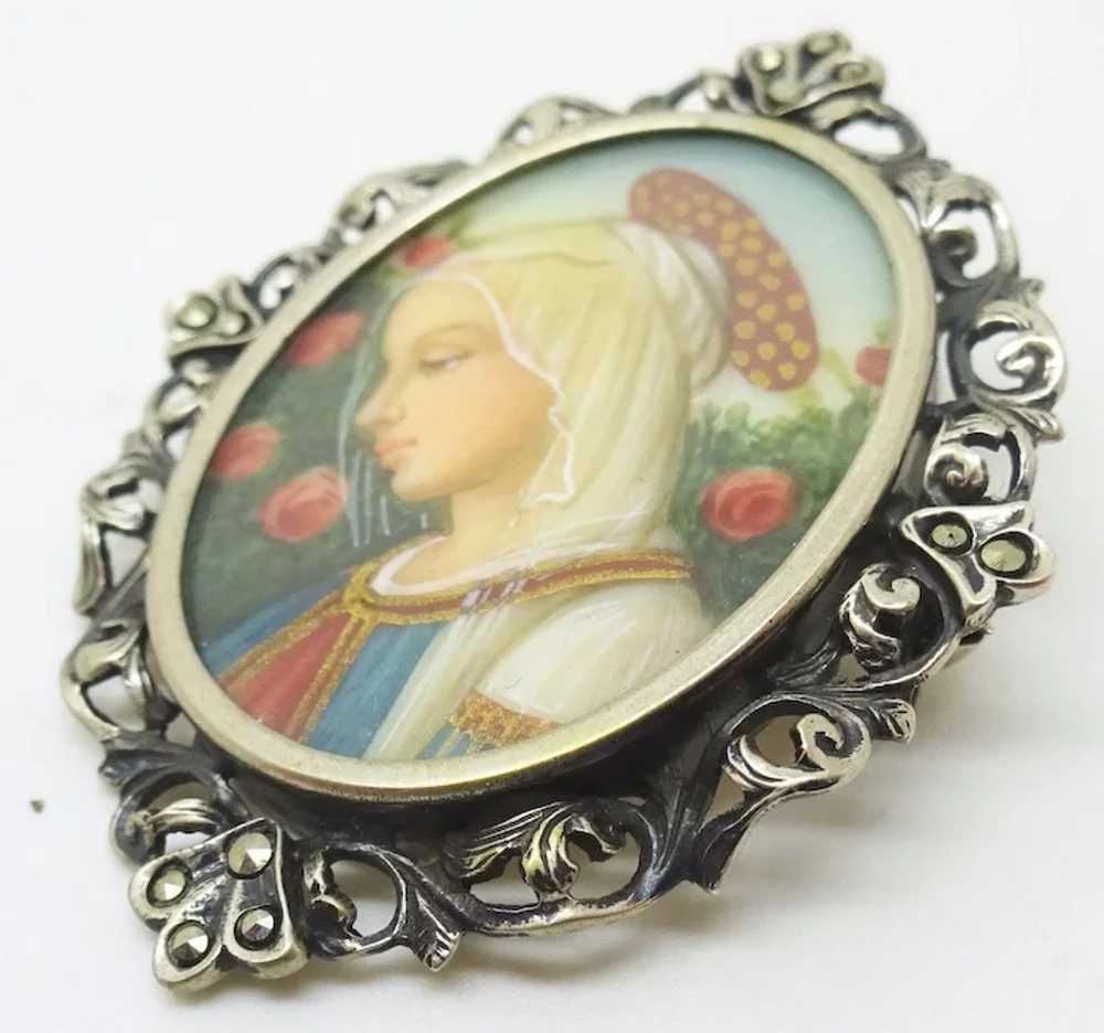 .800 Silver Hand Painted Portrait Pin / Pendant - image 3