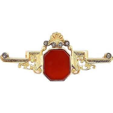 14K Antique Rose Cut Diamond Carnelian Pin