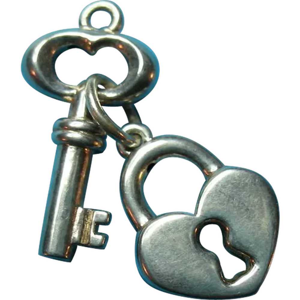 Vintage Silver Puffy Key and Heart Padlock Charm - image 1
