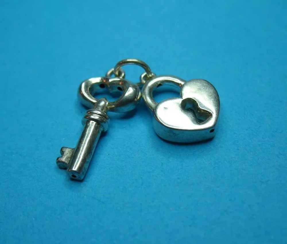 Vintage Silver Puffy Key and Heart Padlock Charm - image 2