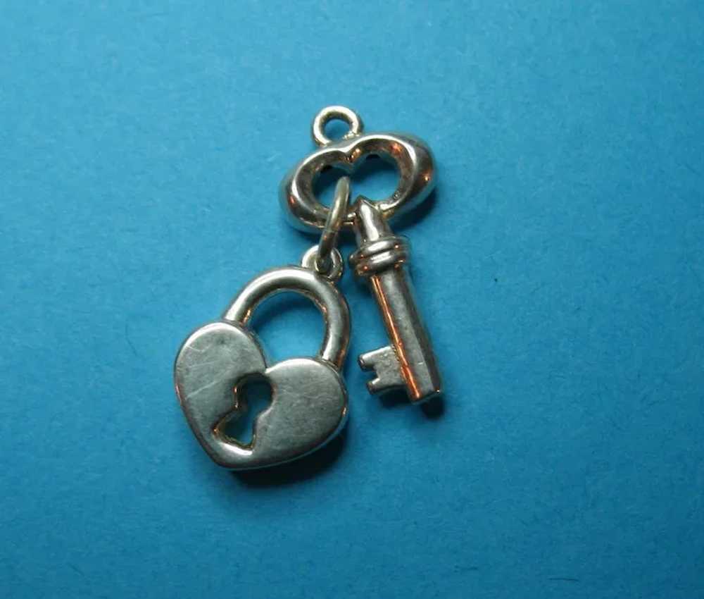 Vintage Silver Puffy Key and Heart Padlock Charm - image 3
