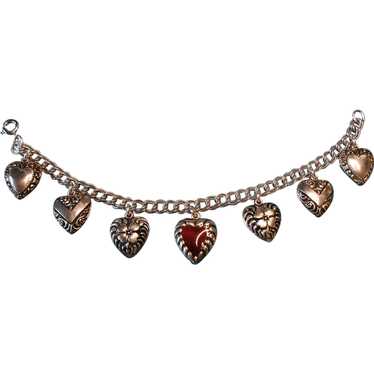 Vintage Enameled Puffy Heart Charm Bracelet 1940s - image 1