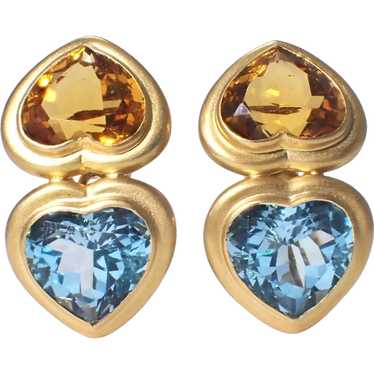 18k Yellow Gold Citrine and Blue Topaz Earrings.