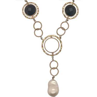 14K Yellow Gold Onyx, Moonstone, and Pearl Neckla… - image 1