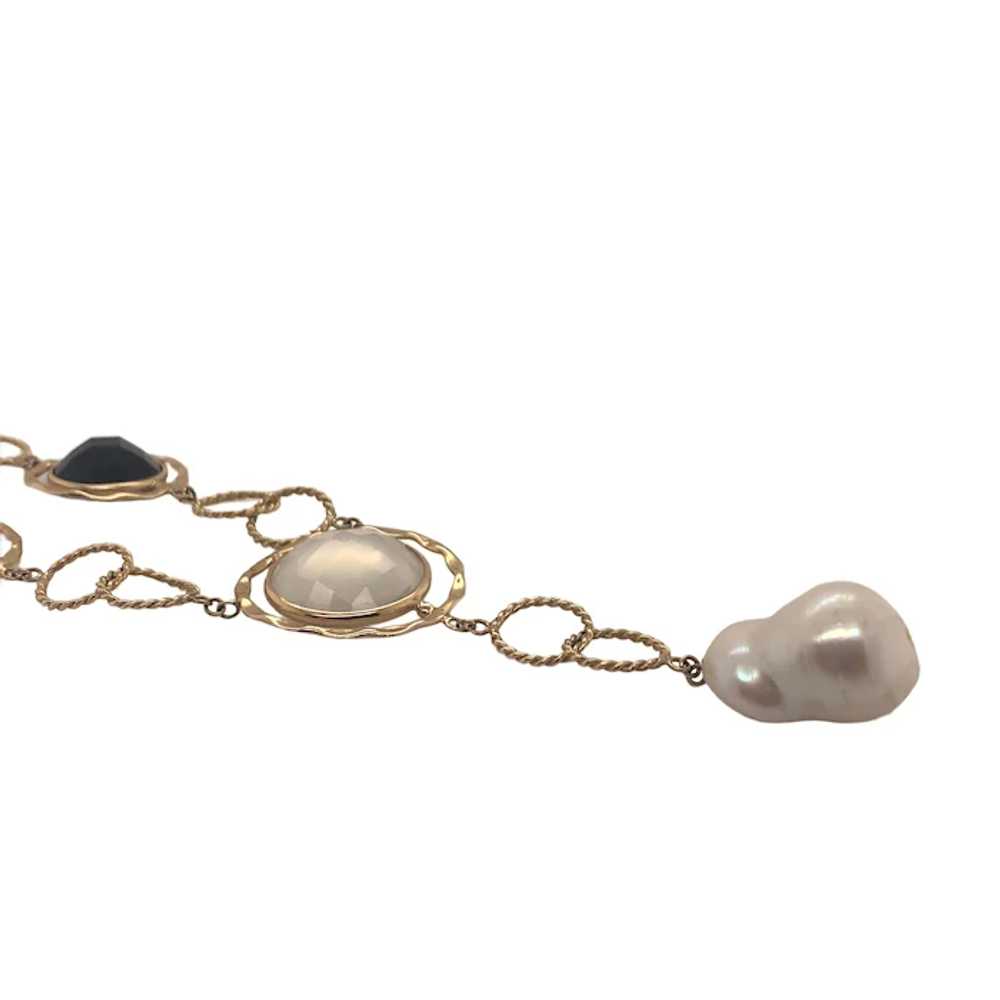 14K Yellow Gold Onyx, Moonstone, and Pearl Neckla… - image 2