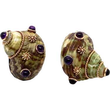 14K Yellow Gold MAZ Shell and Amethyst Earring