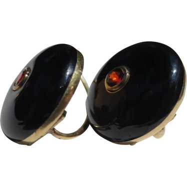 Classic Antique Black Enamel Garnet 14k gold earr… - image 1