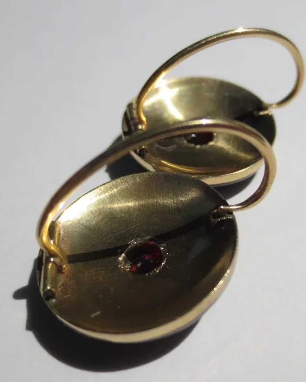 Classic Antique Black Enamel Garnet 14k gold earr… - image 5