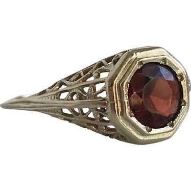 Art Deco Garnet 14K White Gold Filigree Ring - image 1