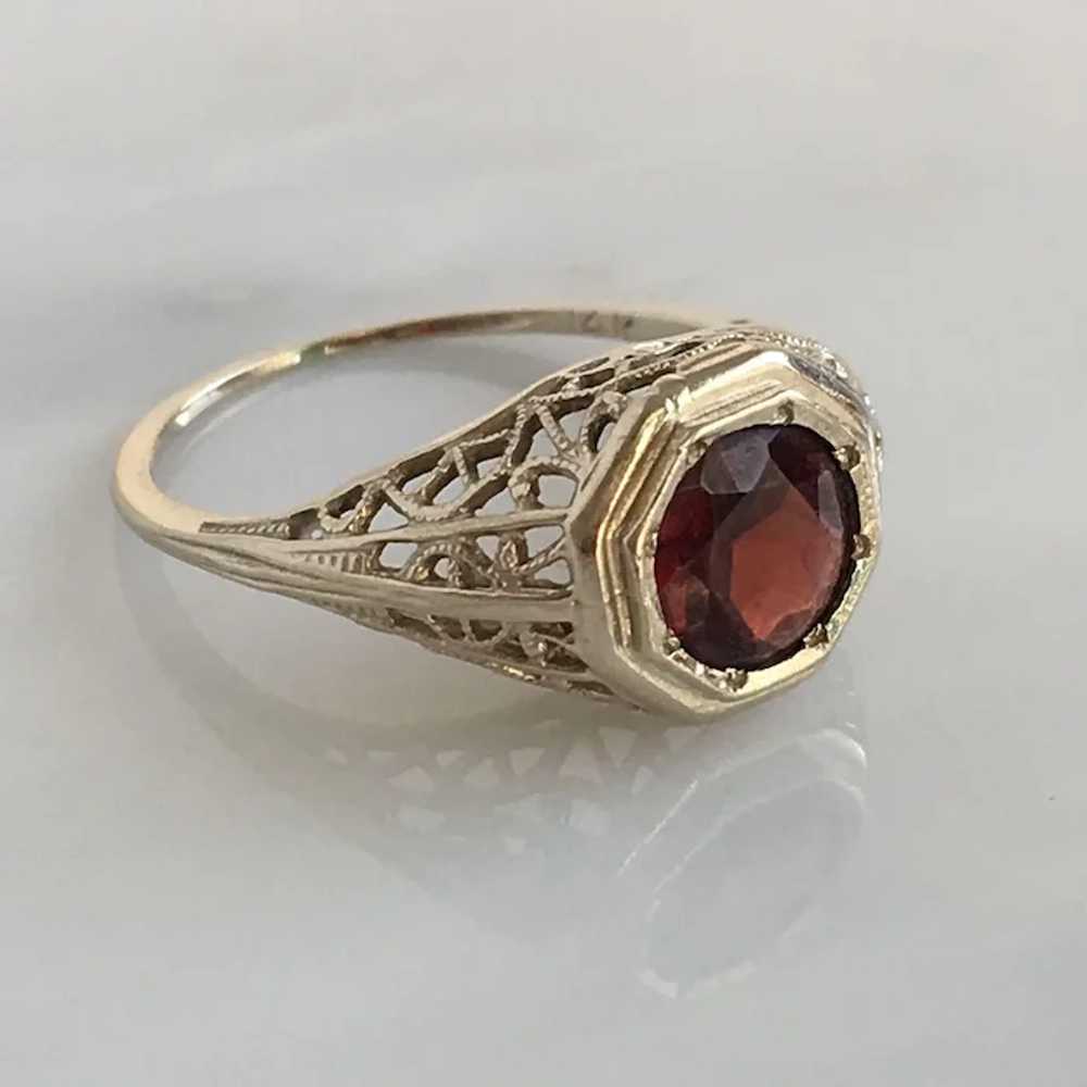 Art Deco Garnet 14K White Gold Filigree Ring - image 3