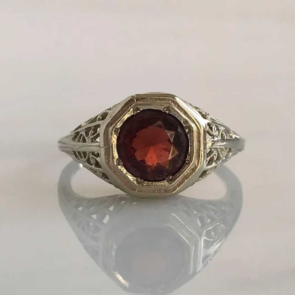 Art Deco Garnet 14K White Gold Filigree Ring - image 4