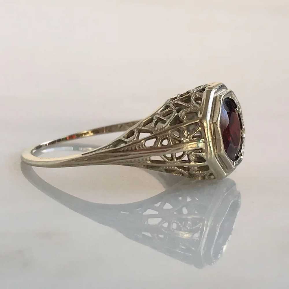 Art Deco Garnet 14K White Gold Filigree Ring - image 5