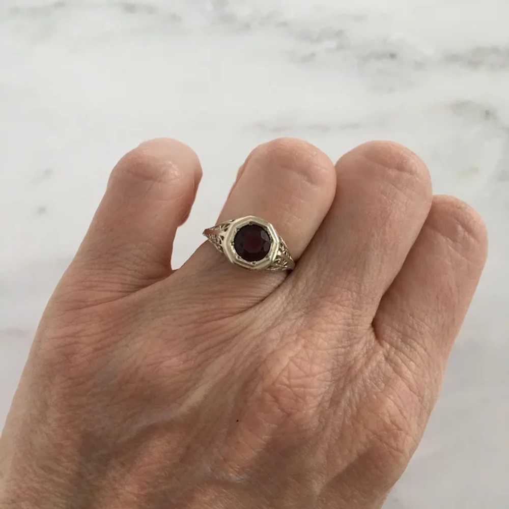 Art Deco Garnet 14K White Gold Filigree Ring - image 6