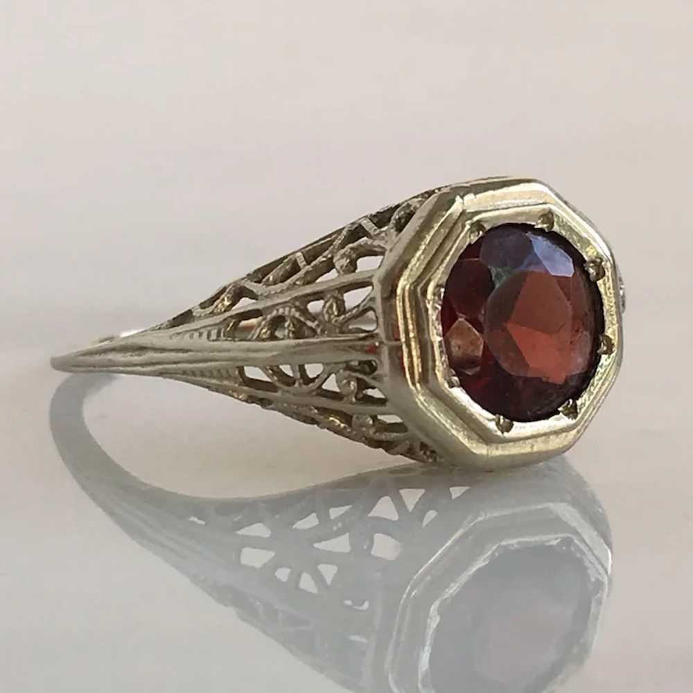 Art Deco Garnet 14K White Gold Filigree Ring - image 7