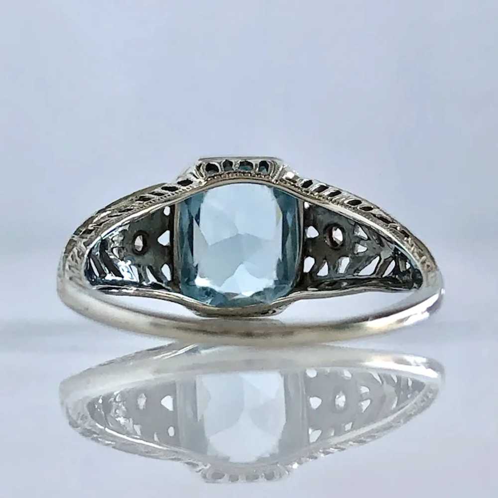 Edwardian Aquamarine & Diamond 18KW Filigree Ring - image 10