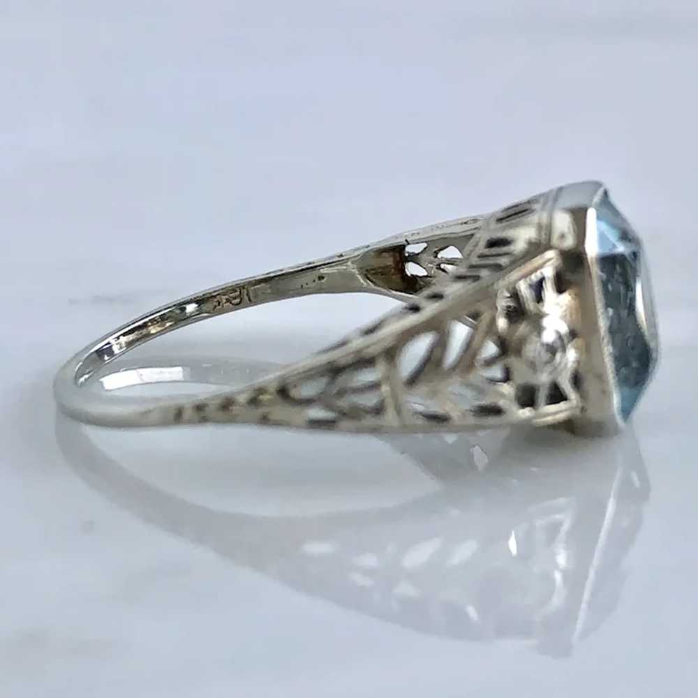 Edwardian Aquamarine & Diamond 18KW Filigree Ring - image 11