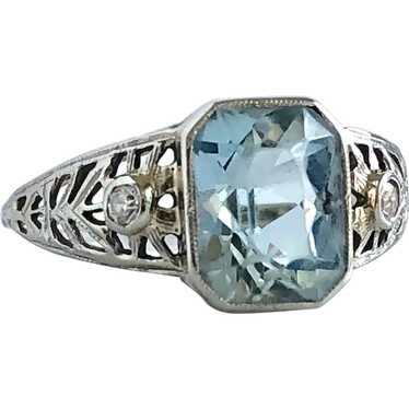 Edwardian Aquamarine & Diamond 18KW Filigree Ring - image 1