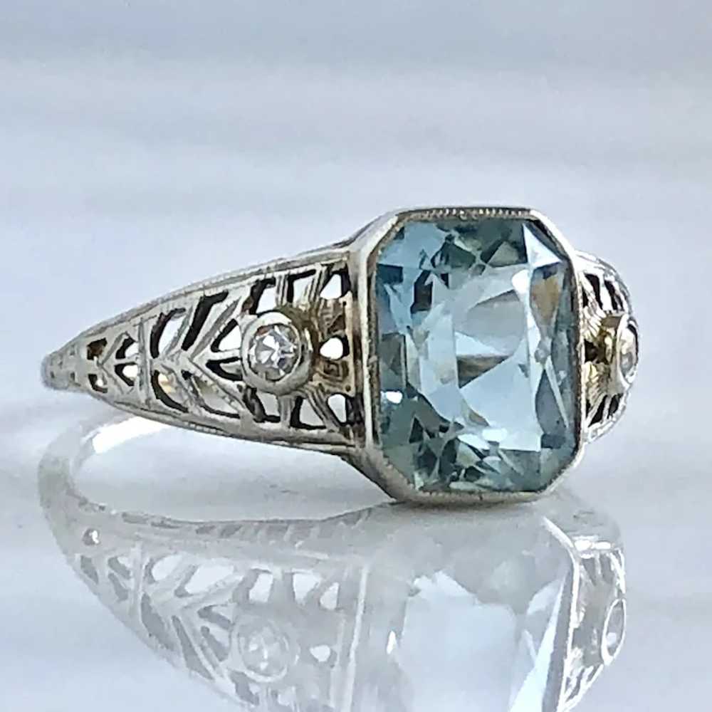 Edwardian Aquamarine & Diamond 18KW Filigree Ring - image 3