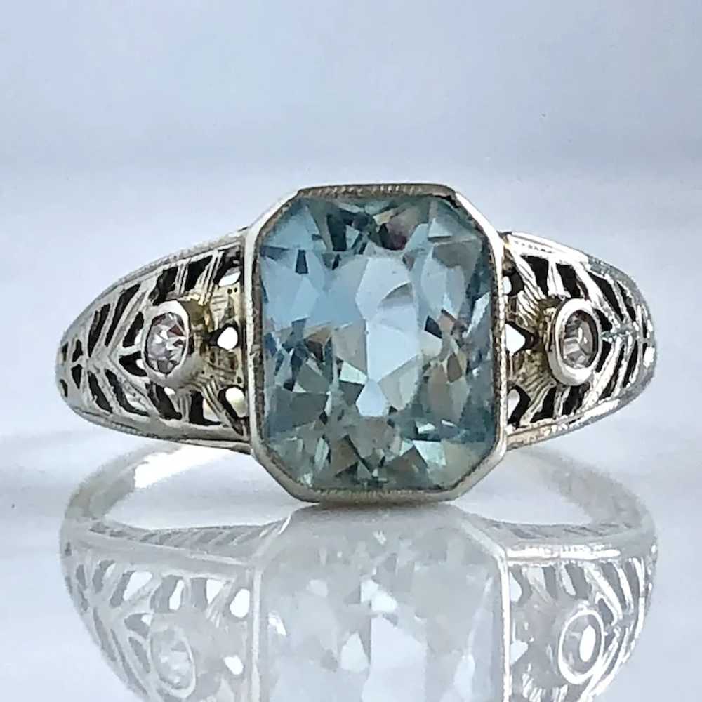 Edwardian Aquamarine & Diamond 18KW Filigree Ring - image 6