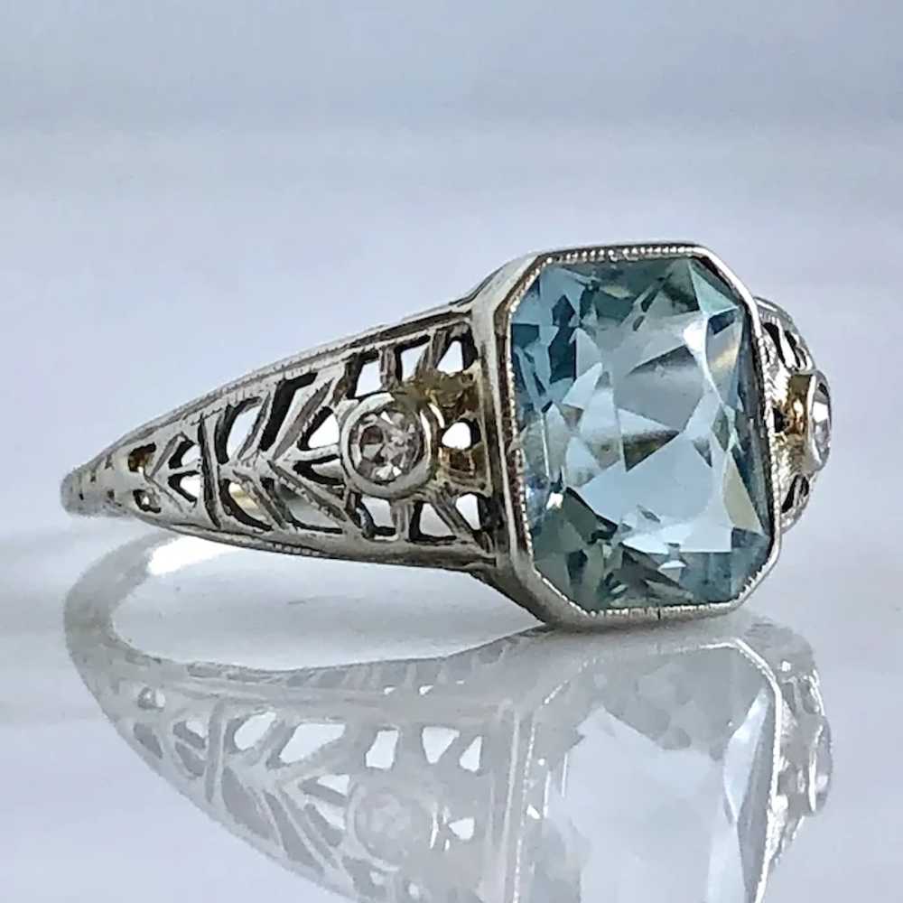 Edwardian Aquamarine & Diamond 18KW Filigree Ring - image 7