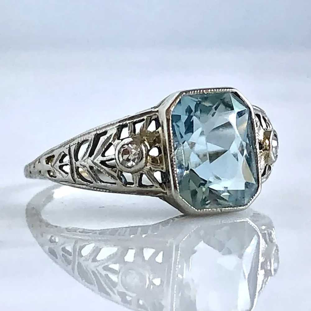 Edwardian Aquamarine & Diamond 18KW Filigree Ring - image 9