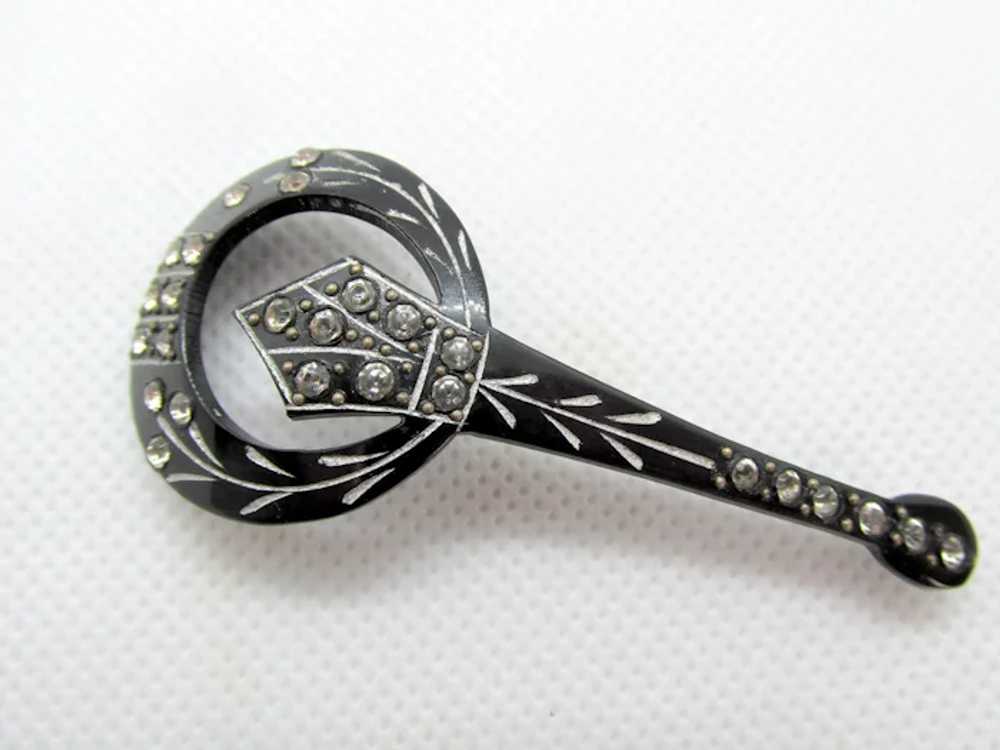 Art Deco Black Celluloid Rhinestone Hat Flash Pin… - image 2