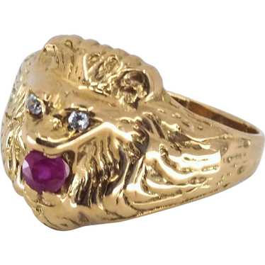 18K solid gold diamond and ruby lion head Finely … - image 1