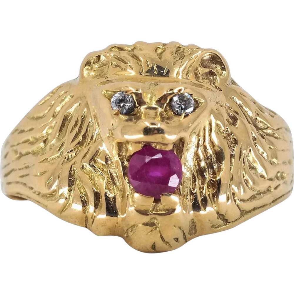 18K solid gold diamond and ruby lion head Finely … - image 2