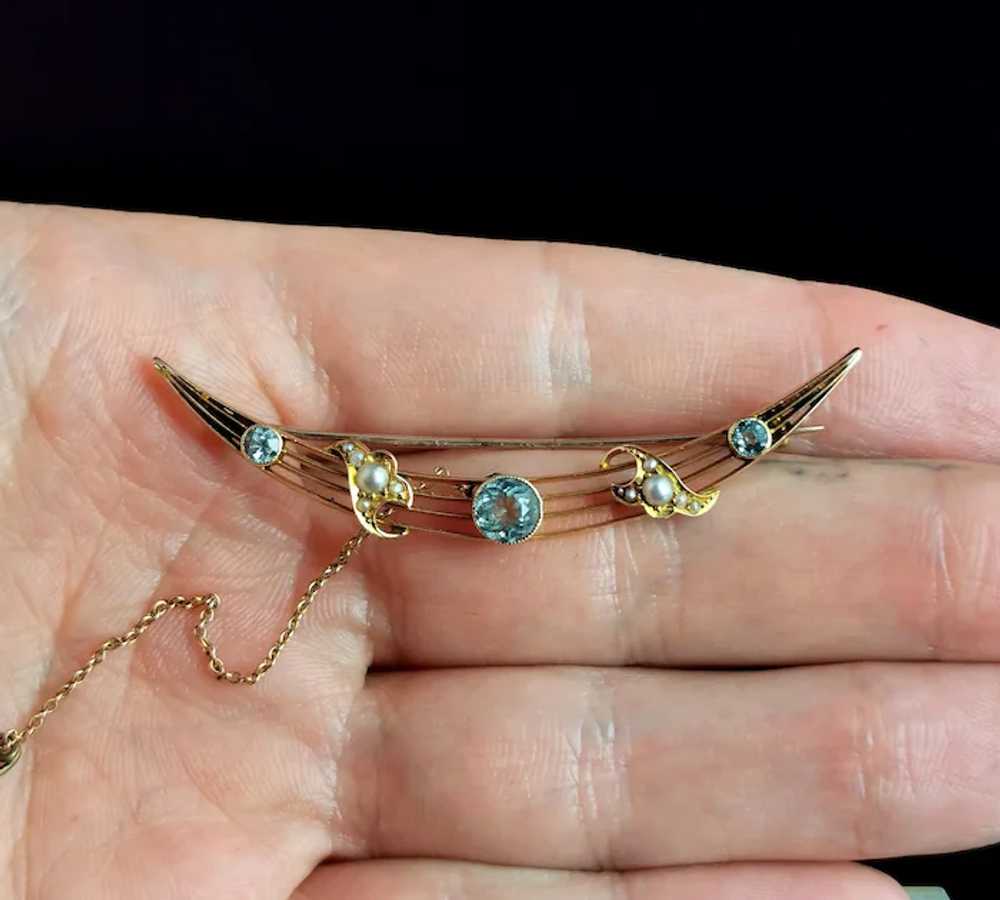 Antique Aquamarine and pearl crescent brooch, 15k… - image 11