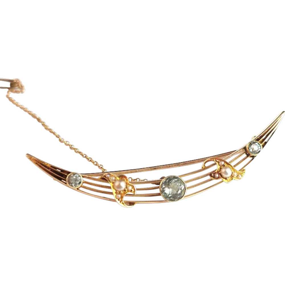 Antique Aquamarine and pearl crescent brooch, 15k… - image 1