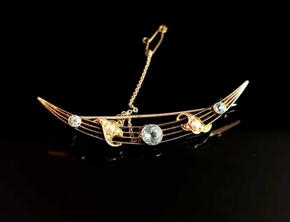Antique Aquamarine and pearl crescent brooch, 15k… - image 3