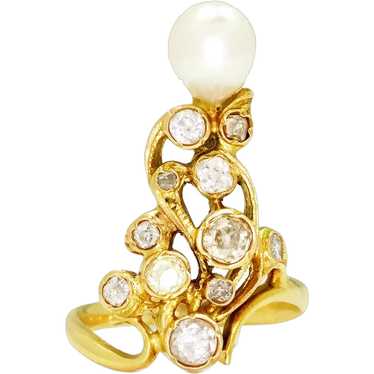 Vintage Pearl Ring with Old Mine Cut Diamonds 18K… - image 1